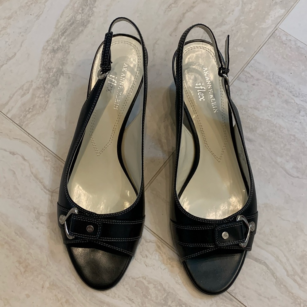 Anne Klein Akkylene Black Leather Kitten Heel Peep Toe Slingbacks